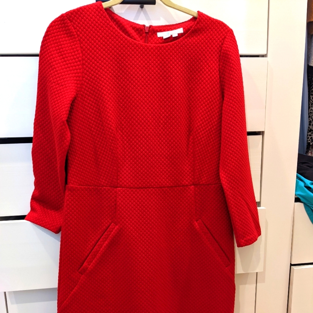 Boden red knee length ottoman fabric dress.  3/4 sleeve.  Size US8 /UK 12